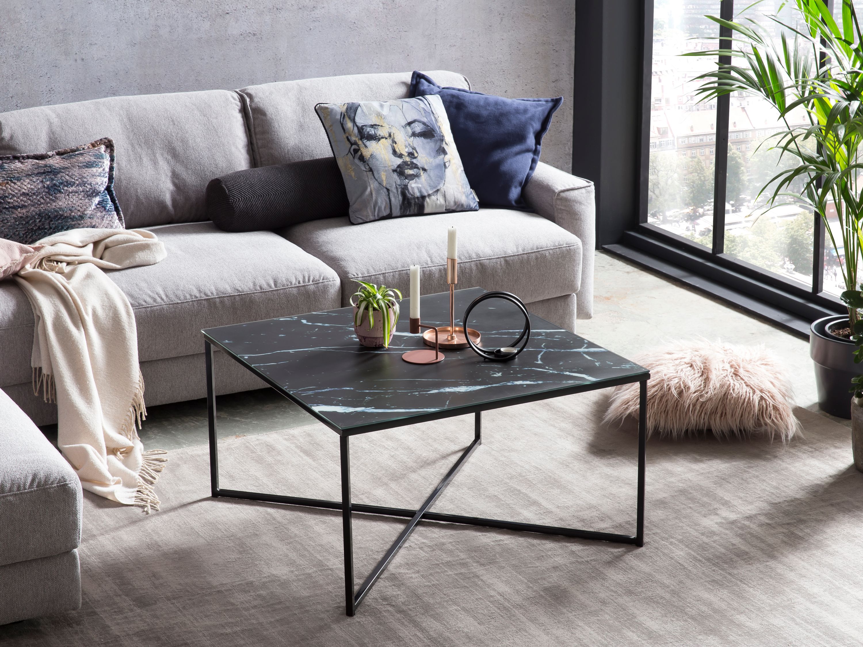 Couchtisch 80x80 Marmor Optik Glastisch Sofatisch Beistelltisch Wohnzimmer Tisch