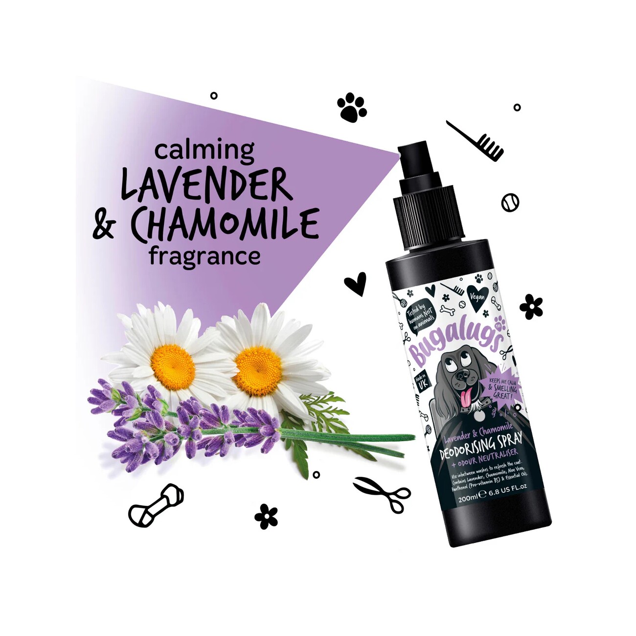Bugalugs Lavendel & Kamille Hundedeodorant Beruhigender Duft mit Aloe Vera & Pro-Vitamin B5 Vegan & pH-neutral