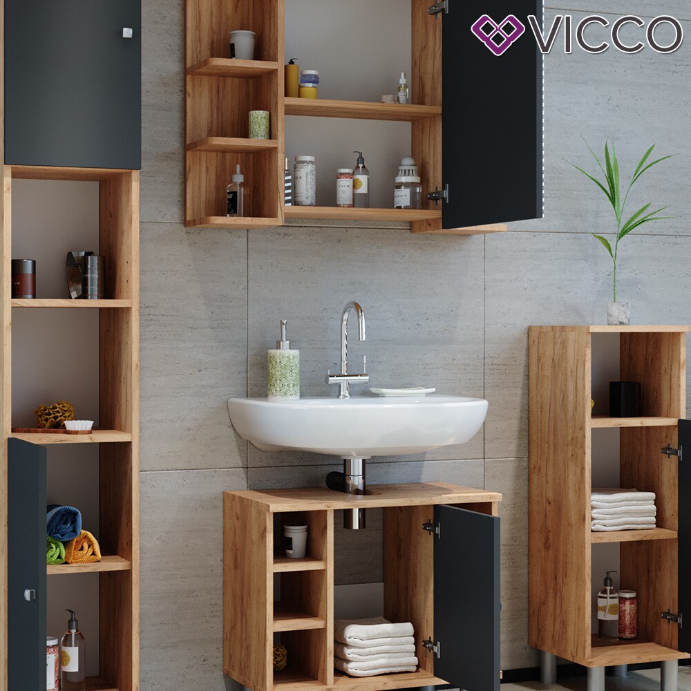 VICCO Badmöbel Set FYNN Eiche Anthrazit Bad Spiegel Unterschrank Badschrank Midi