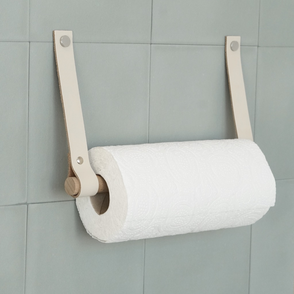 Leren keukenrolhouder (roldrager: rondhout) Wit