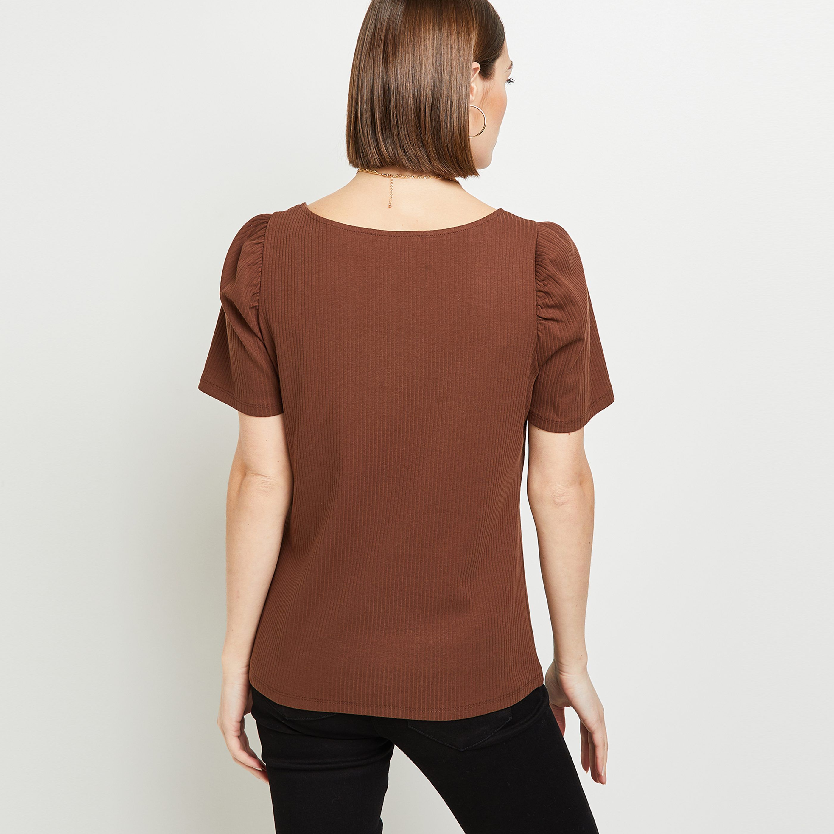 Tshirt côtelé femme - MARRON