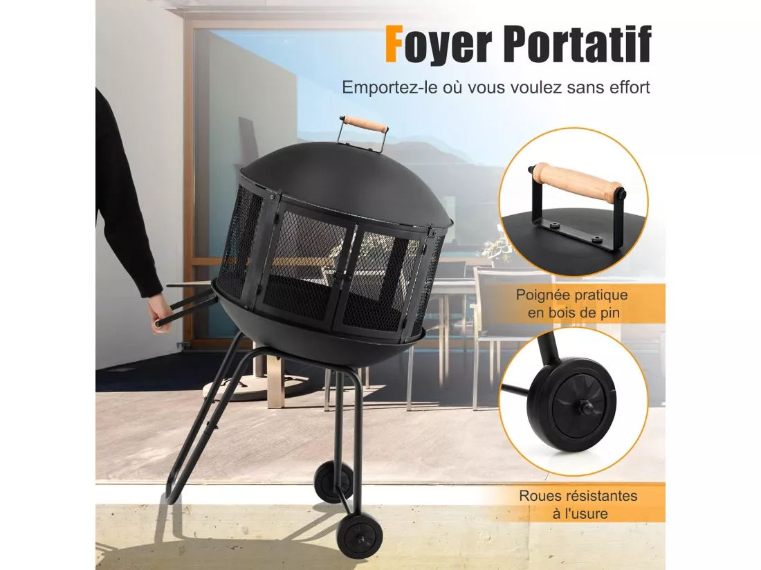 Brasero Exterieur de Jardin 108x57cm à 2 Portes avec Grille, Chauffage Foyer avec Roues Protection Contre Étincelles, Treillis Métallique Ventilation pour CamBoisg Barbecue