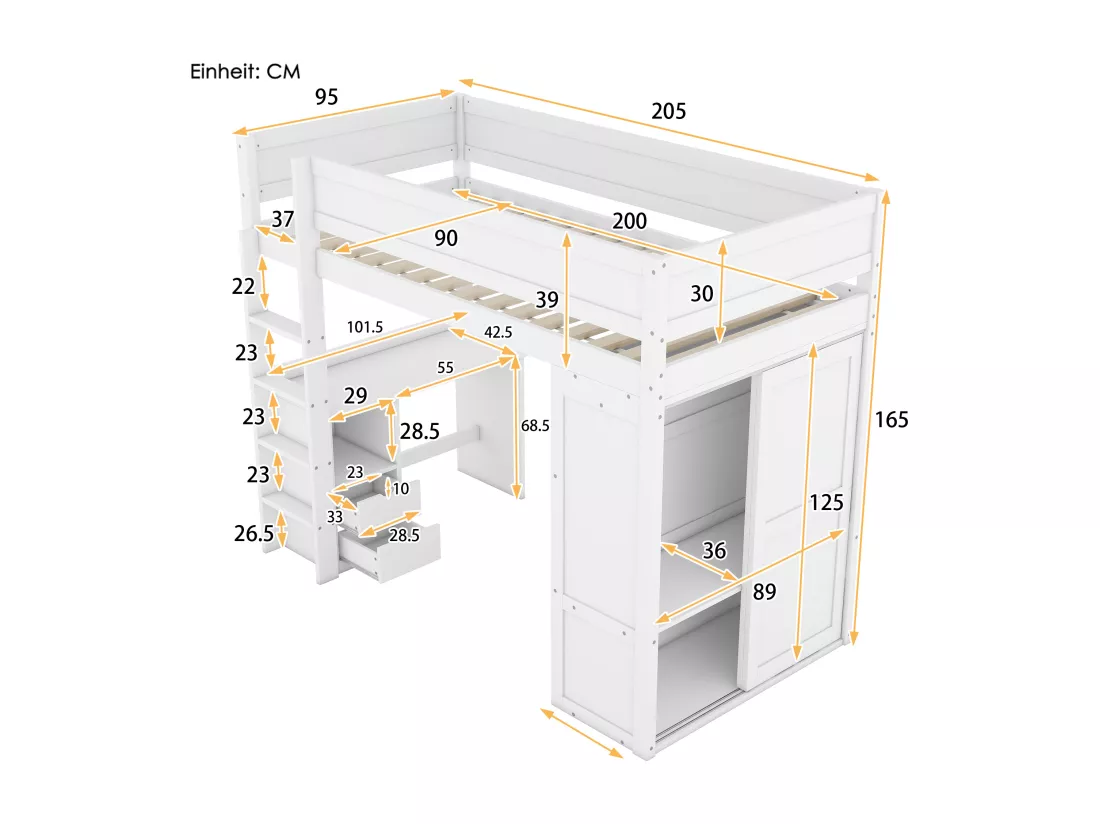 Lit mezzanine 90 x 200 cm avec bureau + 2 tiroirs - Armoir avec porte coulissante - Bois MDF - Blanc