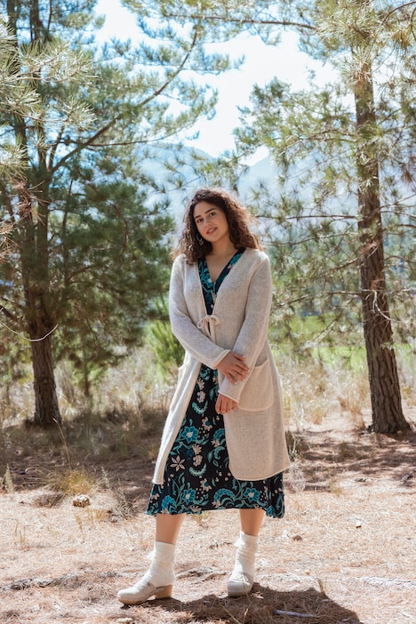 Long-Strickjacke, Bindeband, V-Ausschnitt, Rollkanten