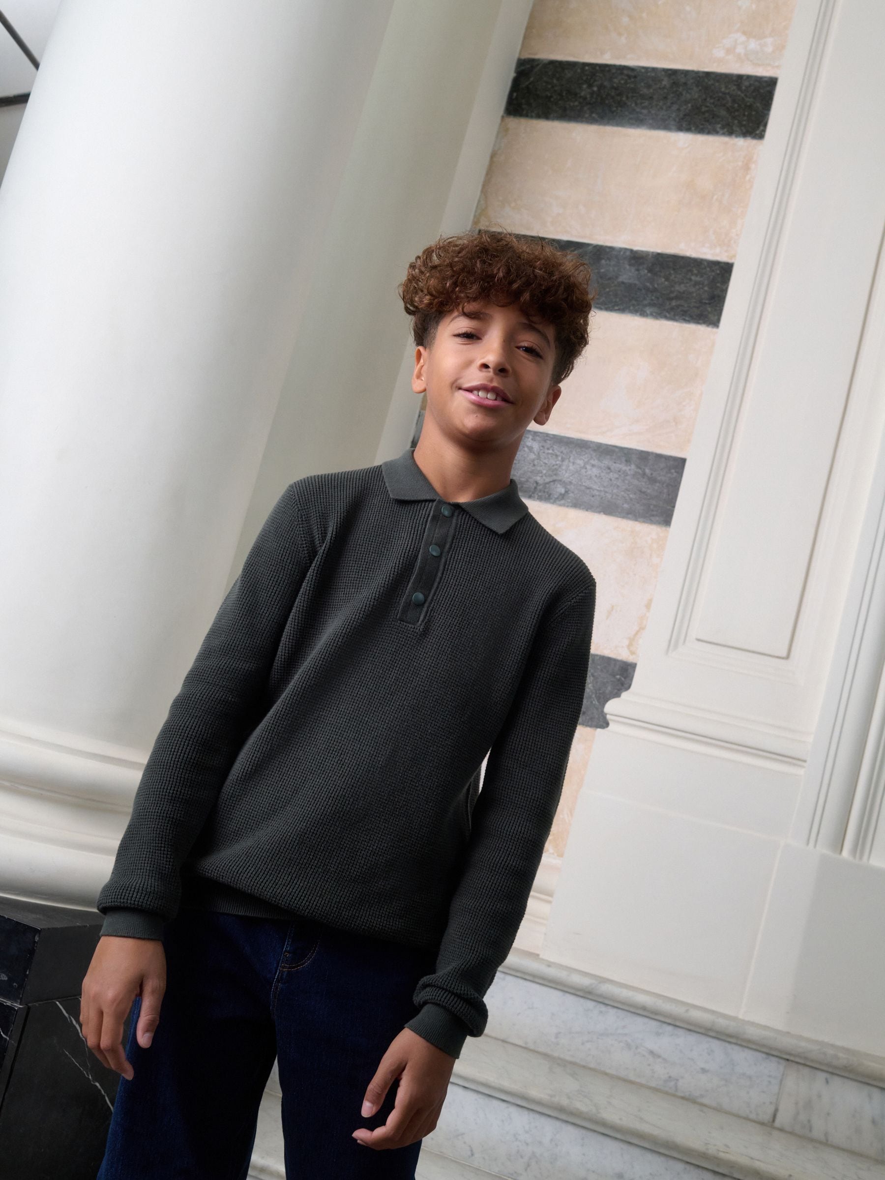 Donkergroen - Poloshirt met textuur en lange mouwen (3-16jr)