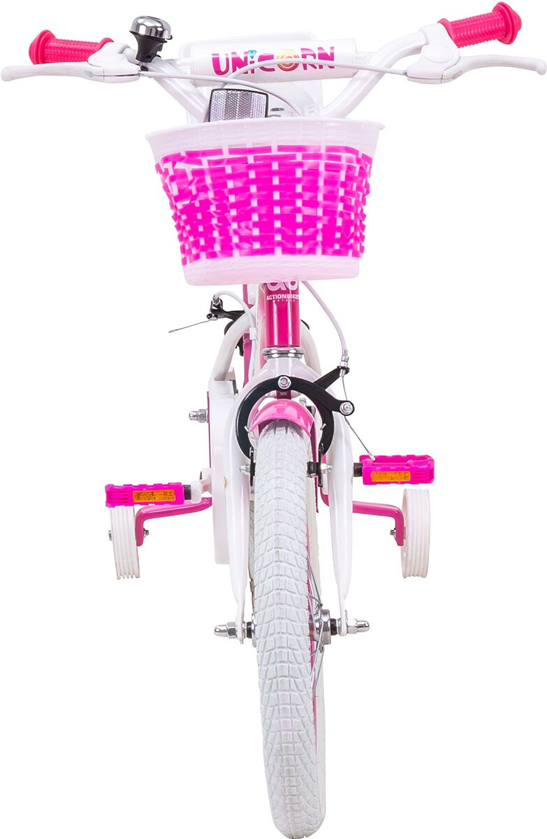 Actionbikes Kinderfahrrad Unicorn 16 Zoll, Pink, Einhorn-Design, Puppensitz, Stützräder, Fahrradkorb