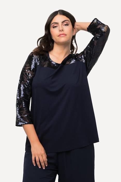 Shirtbluse, Pailletten, Stickerei, Rundhals, 3/4-Arm