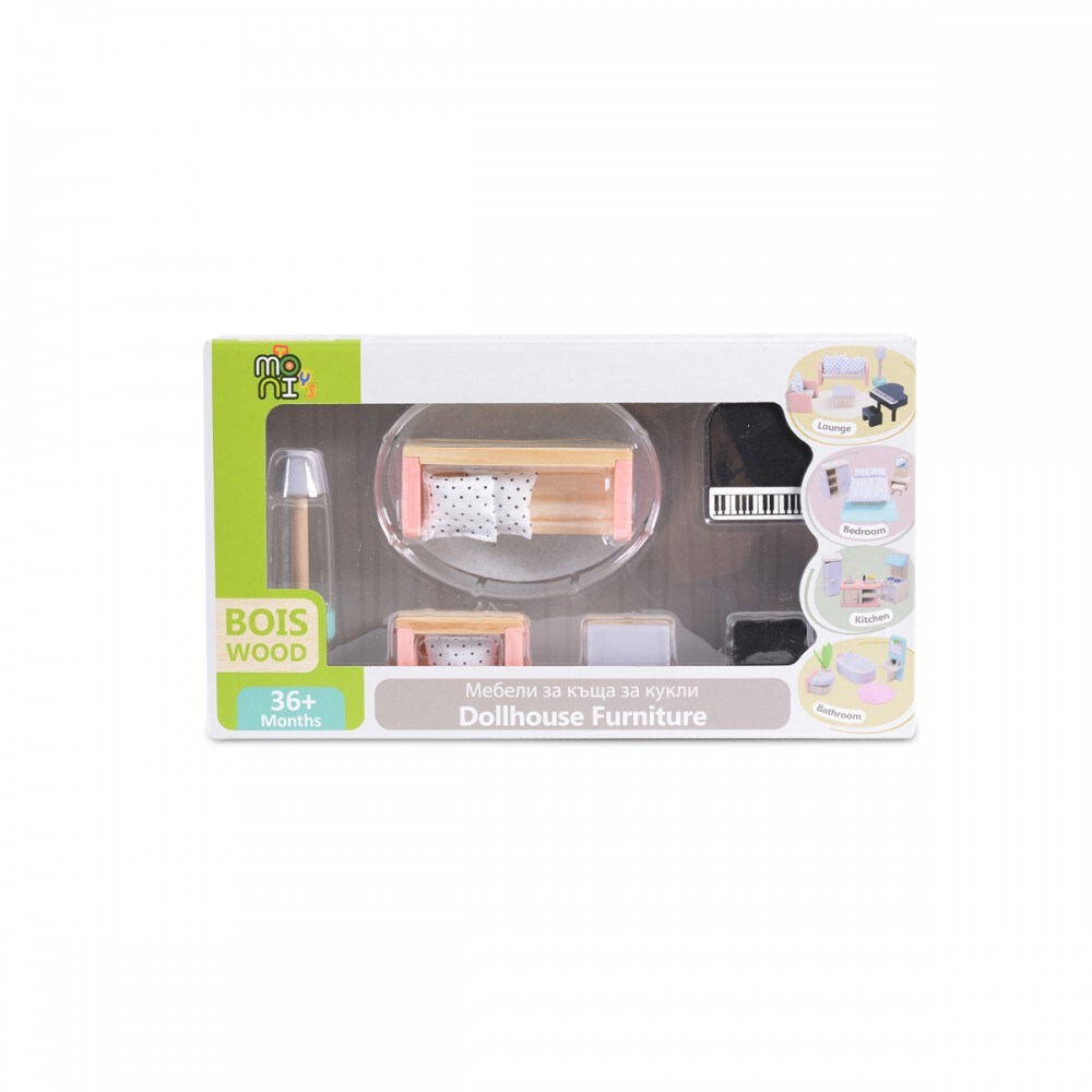 Moni Holz-Puppenmöbel Wohnzimmer 4011 Möbelset Klavier Sofa Lampe Tisch Teppich bunt