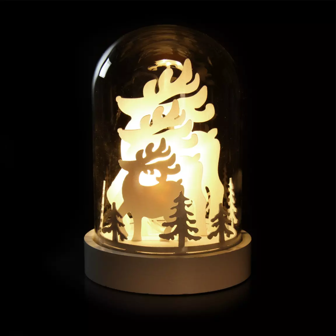 Cloche en verre lumineuse à piles (H18 cm) Rennes blanc chaud