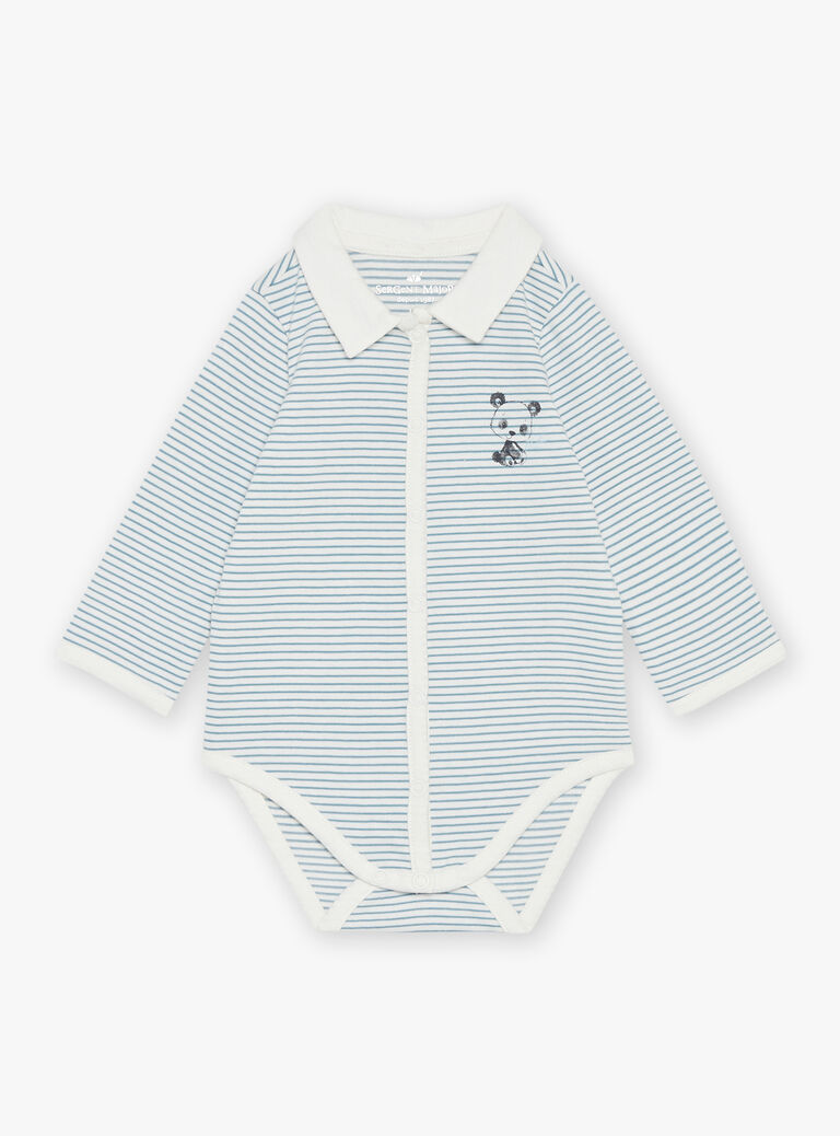 Body polo bleu et écru, salopette bleu nuit et chaussettes bleues