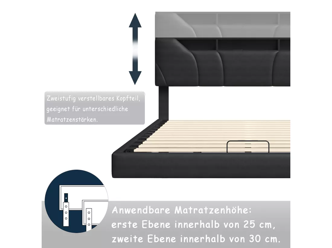 Lit double rembourré 160x200cm - avec USB et lumière LED - Cadre de lit avec tête de lit rangement et coffre de rangement pour lit, en PU- Gris