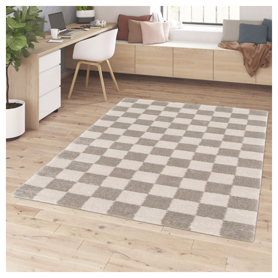 Tapis doux à motif damier en matière recyclée - damia - taupe et crème - 120 x 170 cm