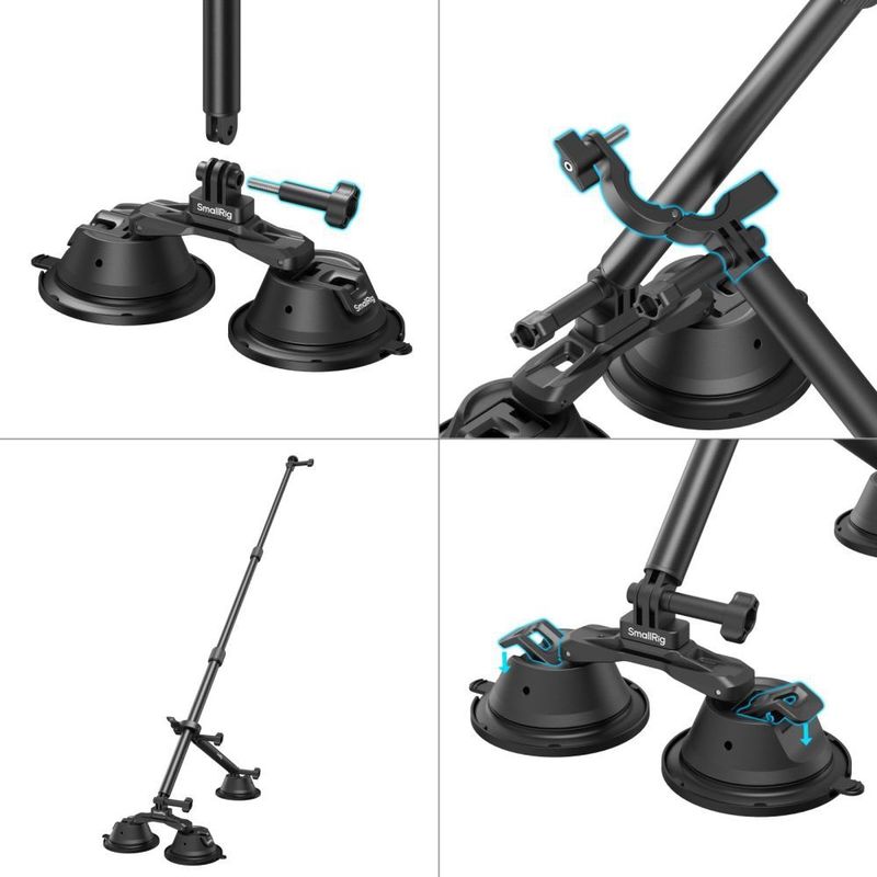 SMALLRIG - Autohouder - Dubbellaagse Zuignapset - Voor Insta360 X4/X3 - Telecopische Stang - Voor Actiecamera