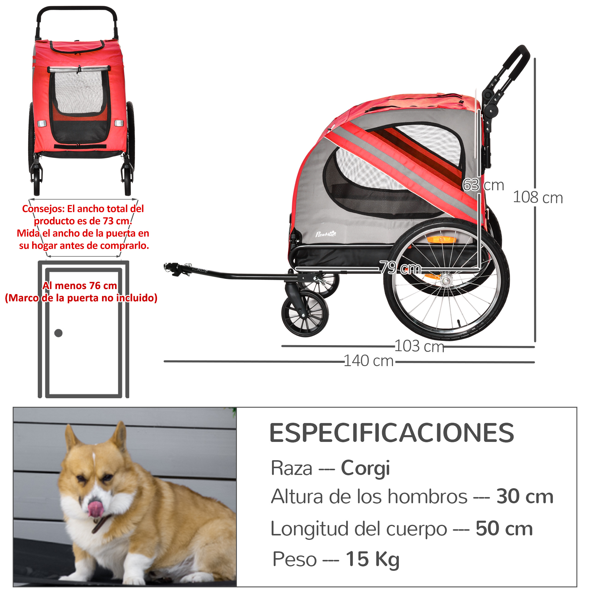 Reboque para Bicicleta PawHut 2 em 1 para Cães e Animais de Estimação com Portas Enroláveis, Janelas, Cinto de Segurança, Bandeira e 6 Refletores, 140x72,5x108 cm, Vermelho