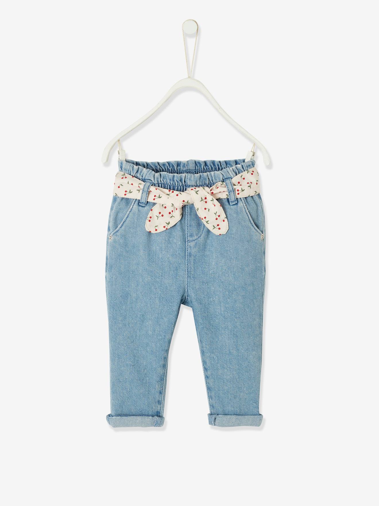 Calça jeans com cinto de tecido, para bebê, lavagem azul média
