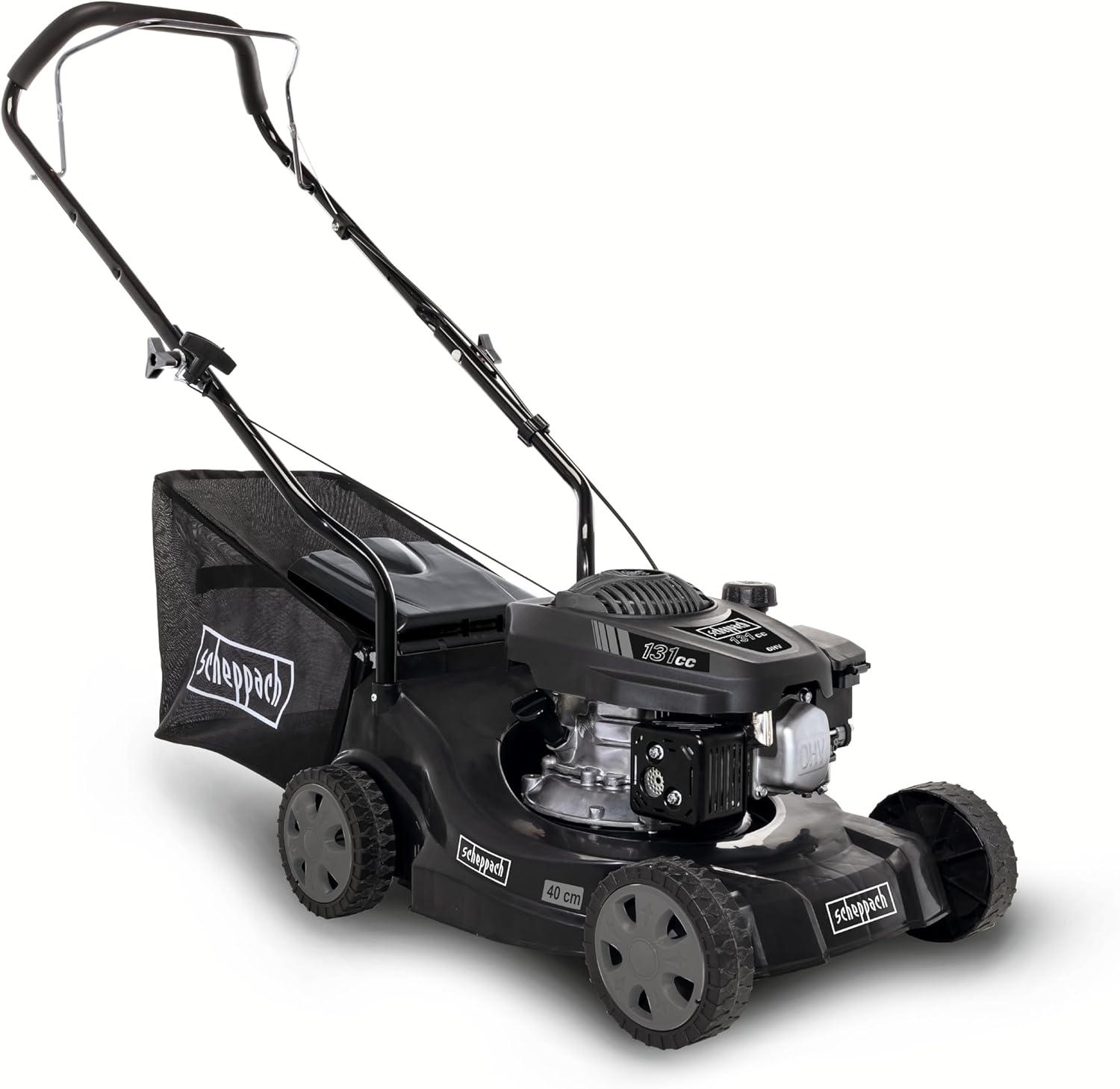 Scheppach MP132-40B Benzin Rasenmäher Black Edition für Rasenflächen bis 600m² | Schnittbreite 40cm | Leistung 3,3PS | Schnitthöhenverstellung in 3 Stufen (30-66mm) | Fangbox 35L | Hubraum 131cm³