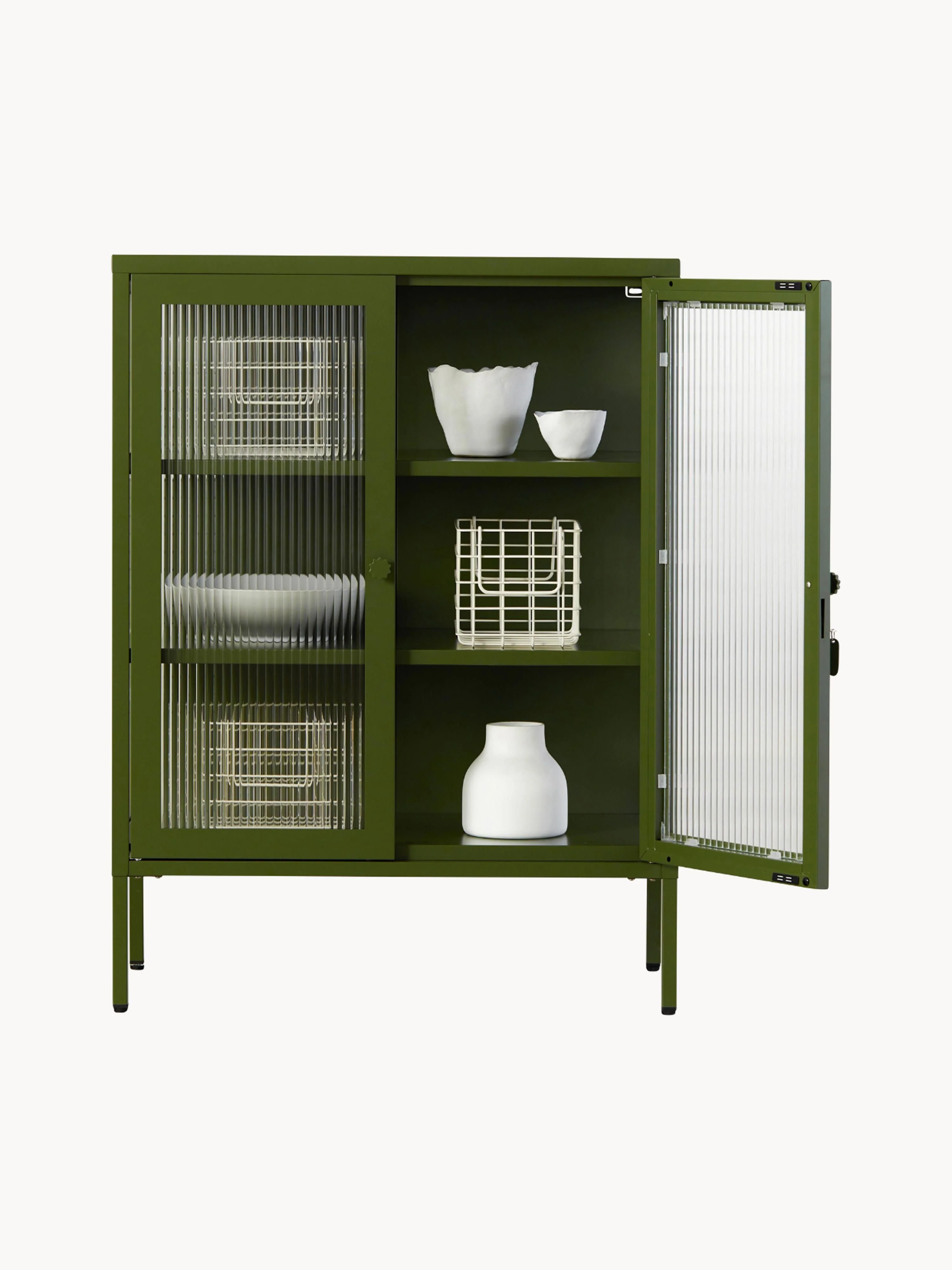 Metalen vitrinekast The Mixer met geribbeld glas