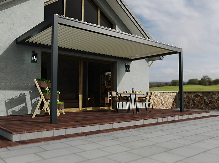 Pergola bioclimatique adossée motorisée aluminium Oviedo gris 6 x 3 m