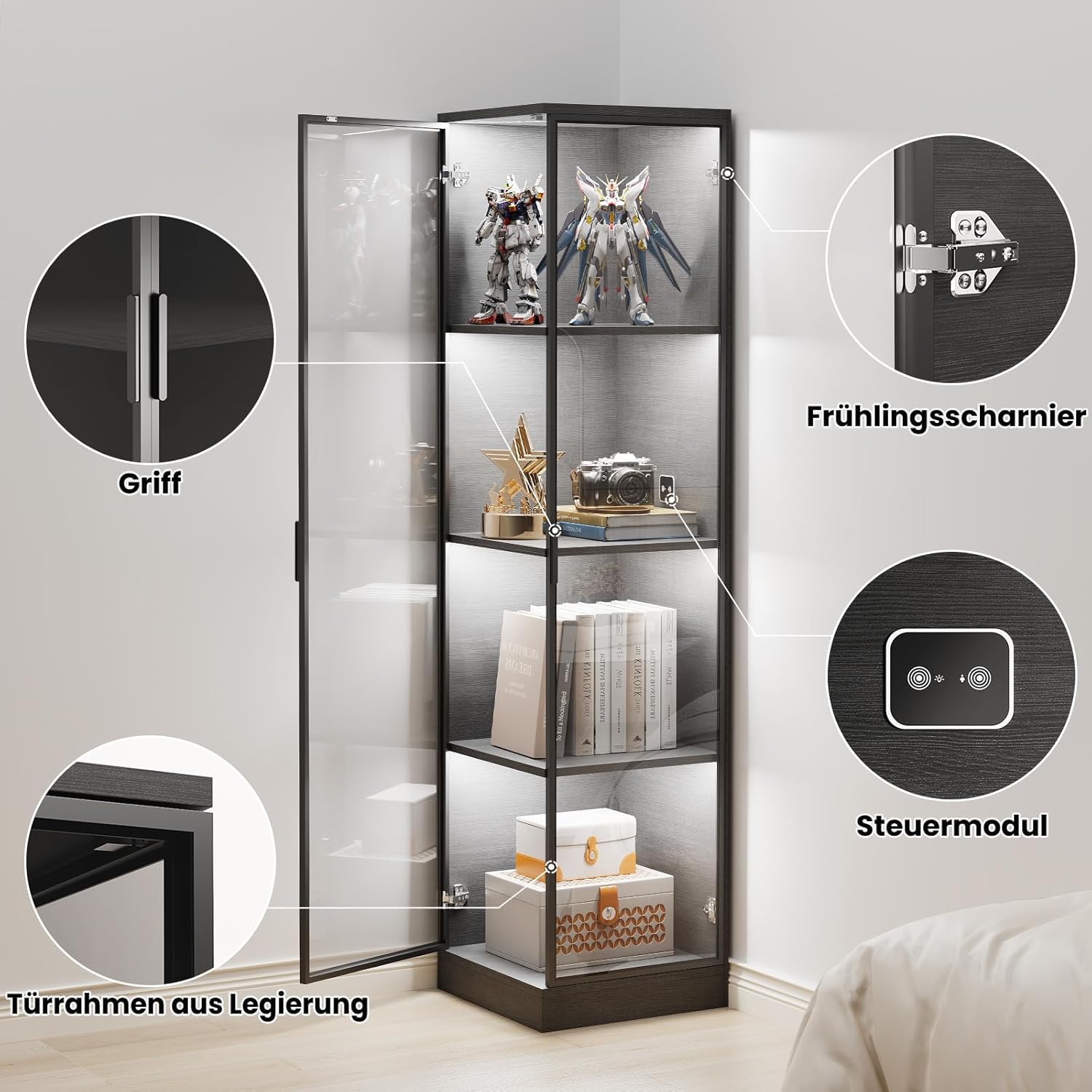 Vitrine mit LED Beleuchtung, Acryl Vitrine mit Menschlicher Sensor, Regal mit türen für Sammlervitrine Und Wohnzimmer Schlafzimmer, Eckschrank Schwarz
