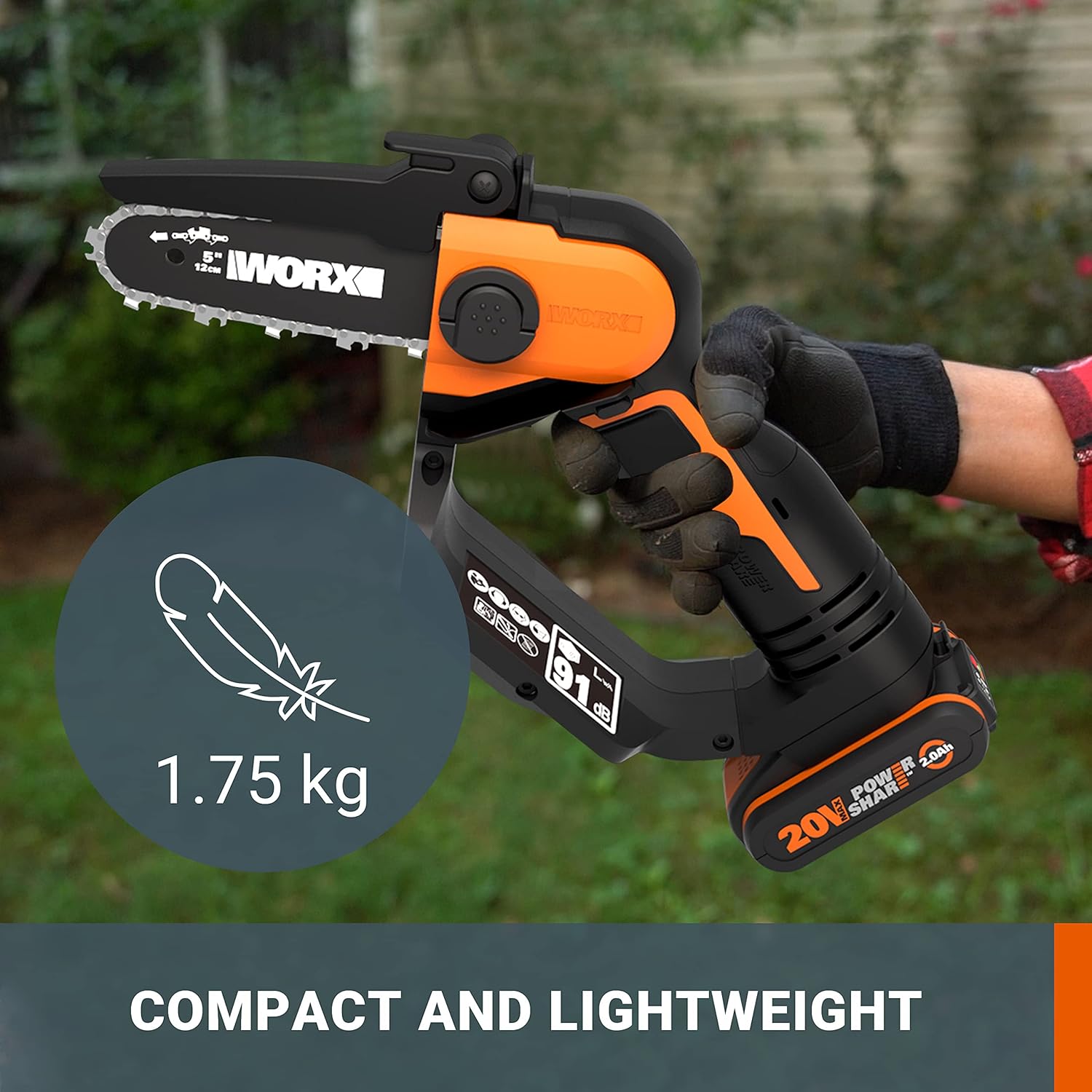 WORX Akku Mini Kettensäge 18V(MAX 20V) WG324E.1, PowerShare, 12 cm Führungsschiene, vibrationsarm, leicht und tragbar, Verlängerungsstange, 1 Akku und 1 Ladegerät im Lieferumfang enthalten