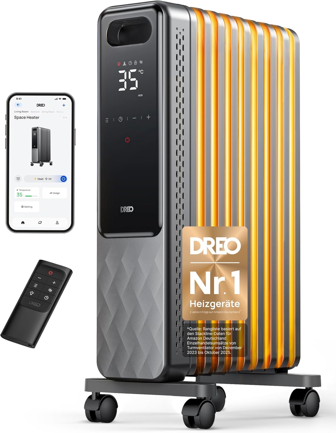 Dreo Ölradiator Energiesparend 2000W, Mobile Elektroheizung 9 Rippen mit Fernbedienung, 3 Heizstufen, 4 Modus, 24h Timer, Überhitzungs-Kippschutz, Radiatoren Elektrisch Heizung mit Thermostat, OH310