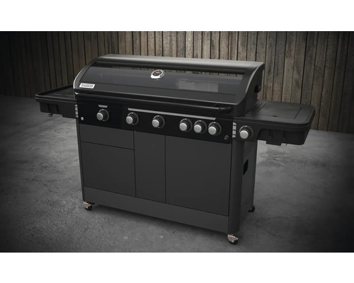 Tenneker® Halo TG-5 U Gasgrill 204,6 x 65,6 x 117 cm 5-pits + zijbrander en achterbrander, gietijzeren rooster, platformsysteem, glazen inzetstuk in het deksel