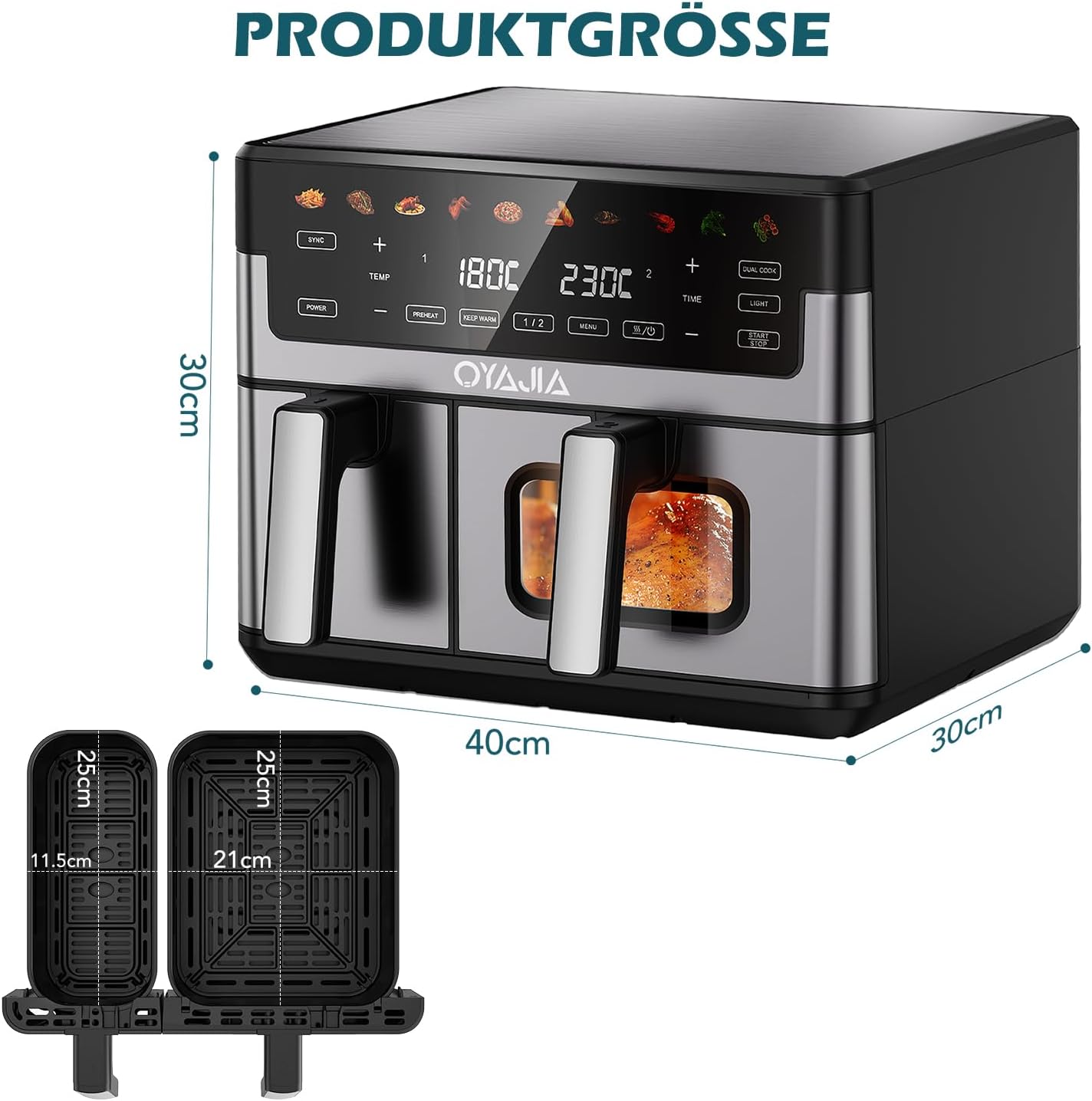 Airfryer Dual Basket 10L 2 Körbe 2 Gerichte Gleichzeitig Fertig Weniger Fett Energieeffizient Einfache Reinigung Airfryer - Digitaler Touchscreen Beleuchtetes Sichtfenster Silber&Schwarz