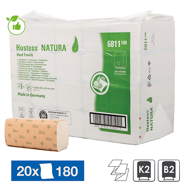 Essuie-mains enchevêtrés Hostess Natura, lot de 20 paquets de 180 feuilles