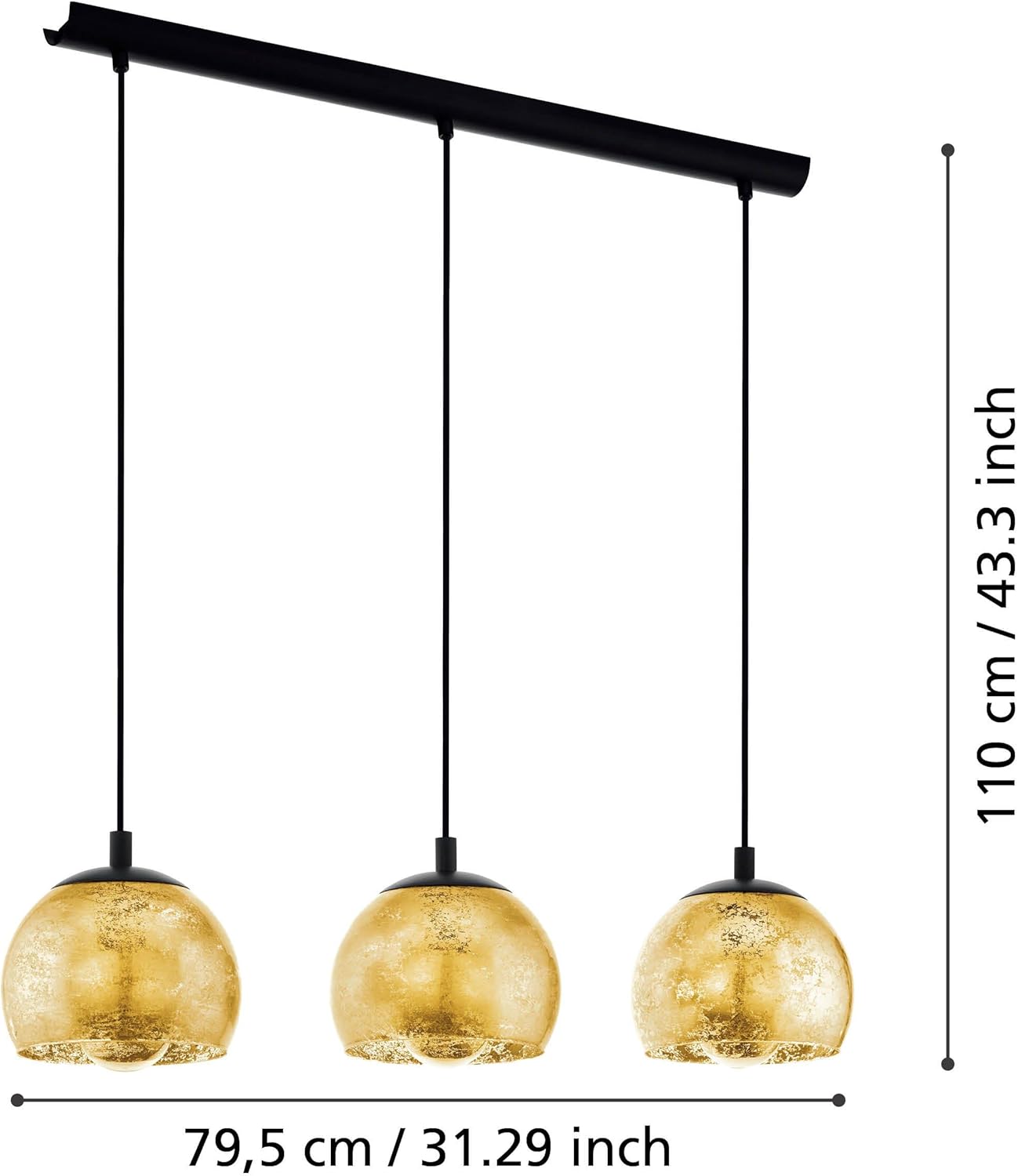 EGLO Hängelampe Alabraccin, 3-flammige Pendelleuchte Esstisch, Hängeleuchte aus Metall in schwarz und Glas in gold, Esszimmerlampe hängend, E27 Fassung, 78 cm