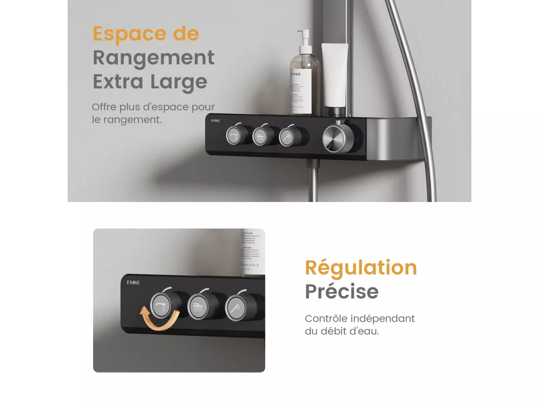 EMKE Colonne de douche Thermostat – Anthracite Mat, Régulation innovante du débit, douche à effet pluie de 36x24 cm, douchette à main avec 3 jets
