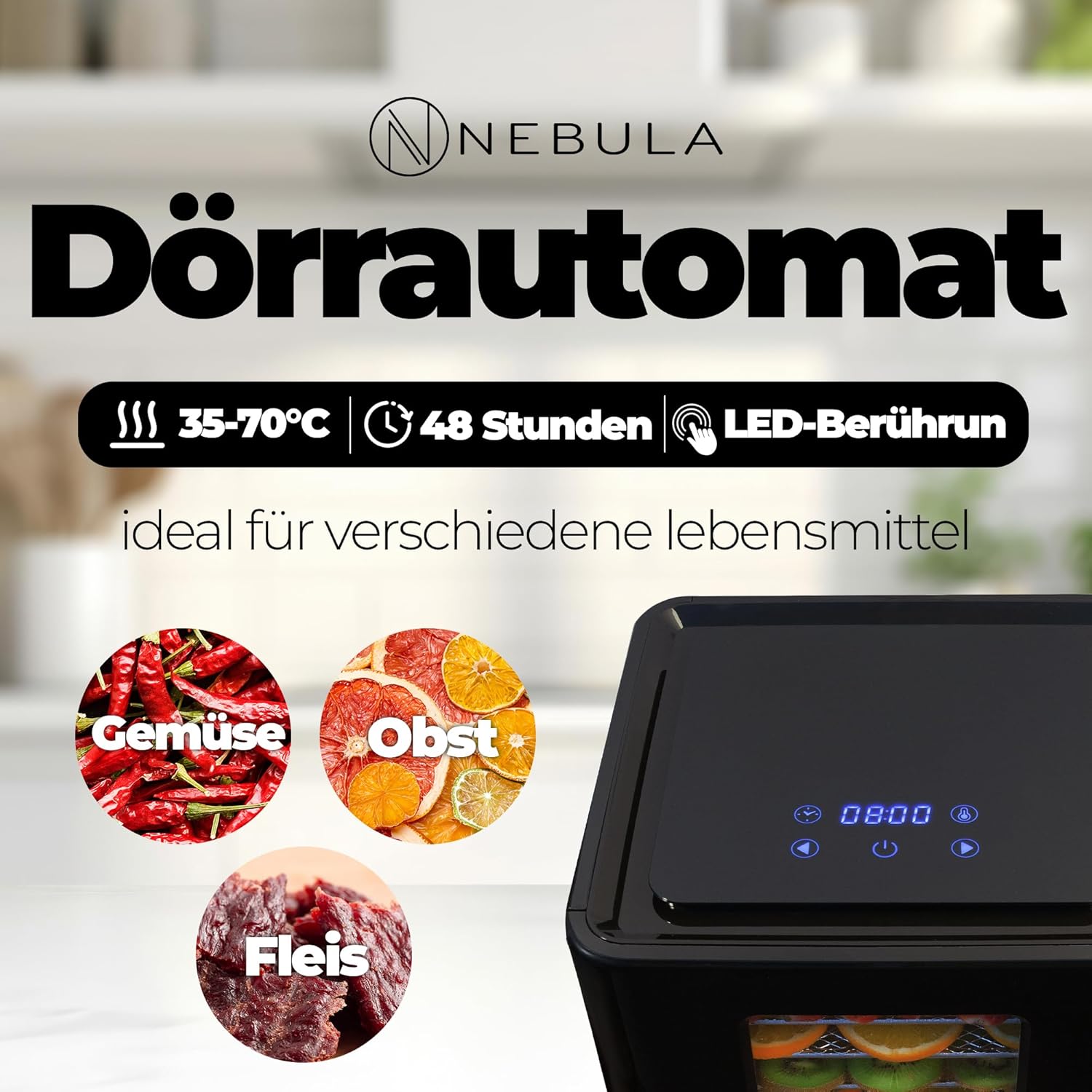 Nebula Lebensmittel Dörrgerät Mit 6 Edelstahlschalen | LED-Touch Control Design, Einstellbare Digitale Temperatur 35-70 °C & 48-Stunden-Timer | Dörrautomat Für Obst, Gemüse, Fleisch Und Mehr | 400W