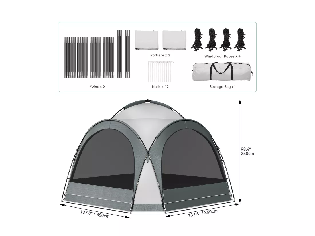 YITAHOME Tonnelle de Jardin - Pliable - Imperméable - Tente de camping - 4 Parois Latérales - Moustiquaire - Gris - 3,5 x 3,5 x 2,3 m