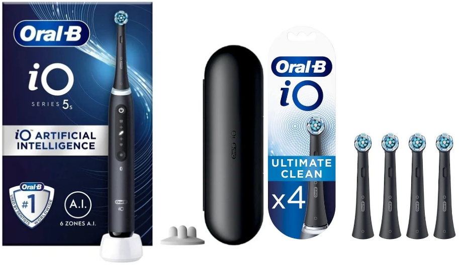 Oral-B - iO5s Sort Elektrisk Tandbørste & iO Ultimate Clean Sorte Udskiftningshoveder 4 styk (Bundle)