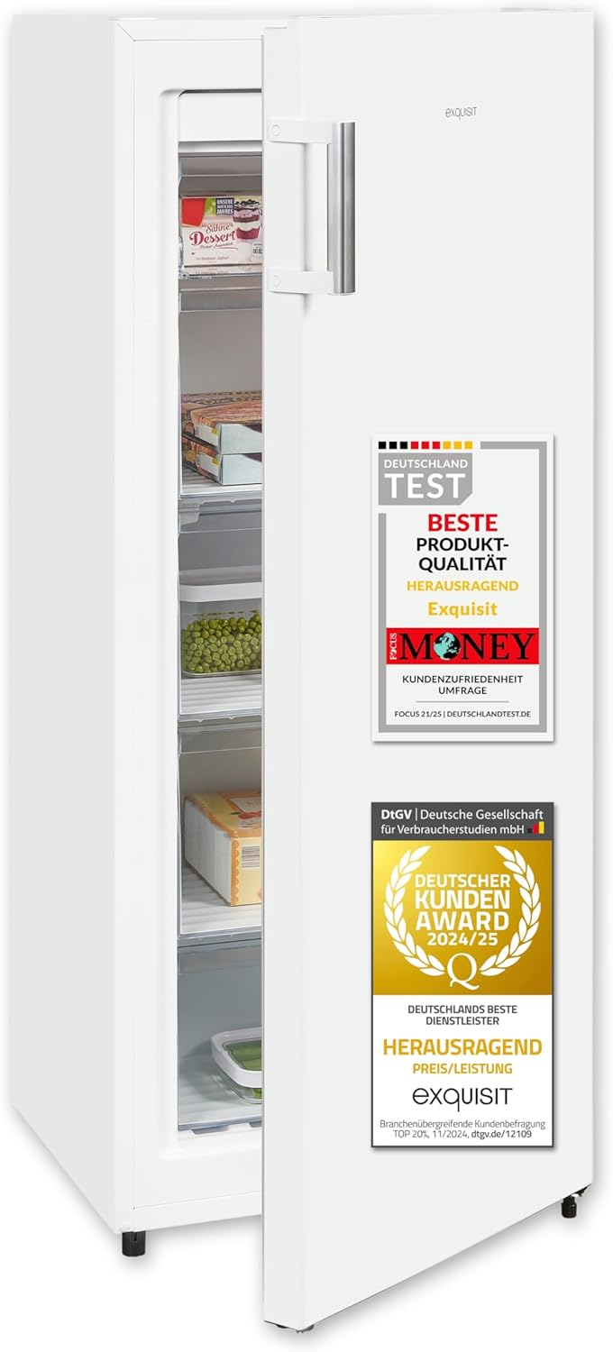 Exquisit Gefrierschrank NoFrost, Tiefkühlschrank groß, 155 Liter, Schnellgefrieren, Alarm-Funktion, GS5231-NF-H-010E weiss