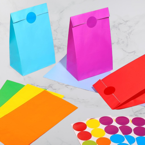 (60-tlg. Set) 24x13cm Kraftpapier Tüten Kinder Geschenktasche Candy Gift Bags Papiertüten inkl. Sticker - Assortiert