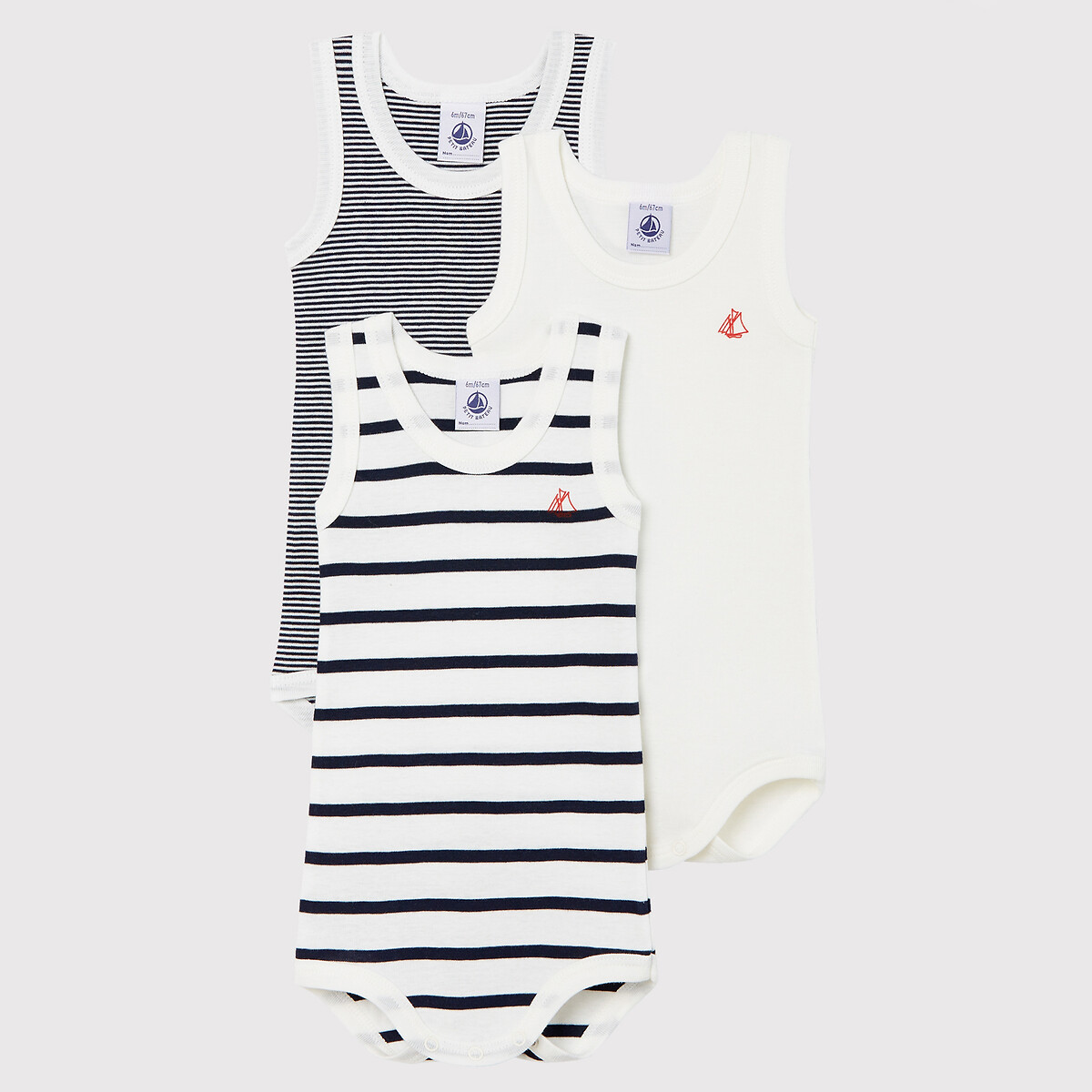 PETIT BATEAU<br>Conjunto de 3 bodies listrados sem mangas