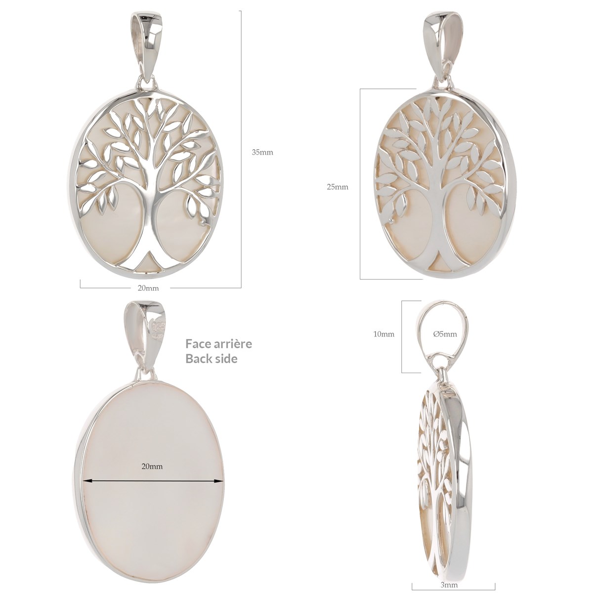 Pendentif ADEN symbole Arbre de vie Nacre Blanche Argent rhodié ovale