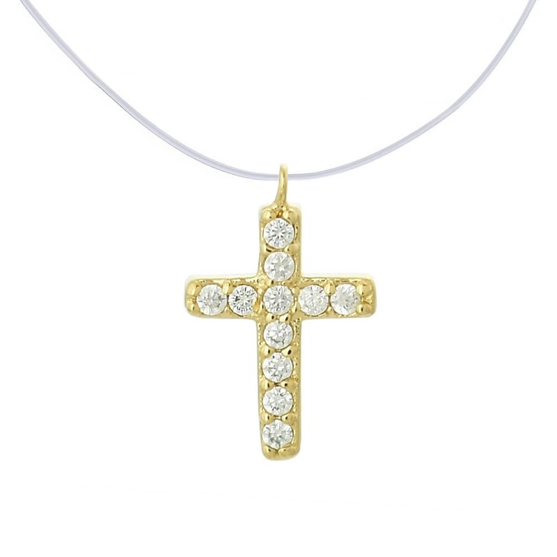 Collier croix d'oxydes de zirconium fil de nylon transparent Plaqué OR 750 3 microns