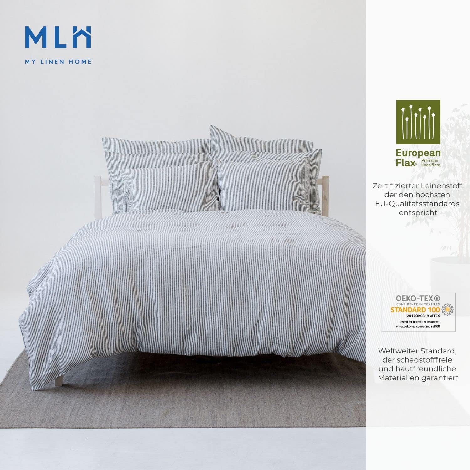 My Linen Home | Bettwäsche – 100 % gewaschenes Leinen | 1 Bettbezug 140 x 200 cm mit Reißverschluss | 1 Kissenbezug 50 x 70 cm mit Reißverschluss | Bettwäsche und Kissen | gestreift
