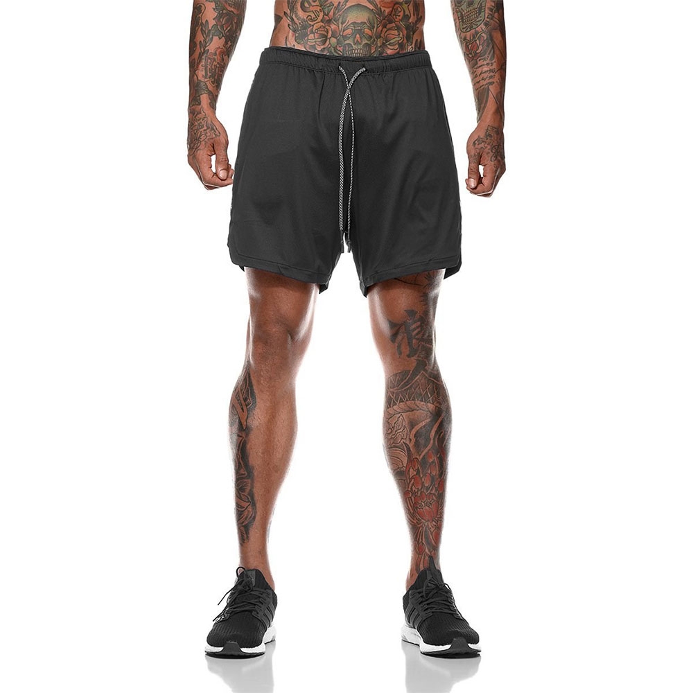 (Gr. XL) 2in1 Trainingsshorts Kurze Hose mit Versteckter Tasche - Schwarz