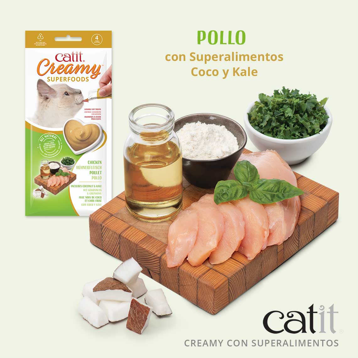 Catit Petisco Líquido Cremoso para Gatos com Superalimentos, Frango com Coco e Couve, 4 x 10g