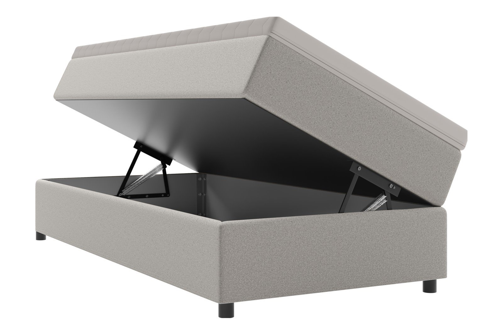 Premium 10 oppbevaringsseng 90x200 cm Magasinseng med oppbevaring, åpnes fra siden. I tekstil terranova 08 krem, med fast fasthetsgrad og premium 10 overmadrass,sorte ben. Sengegavl selges separat.