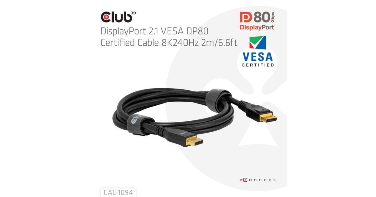 Club 3DDisplayPort 2.1 VESA DP80 Certified kabel 8K240Hz 2m  (Zwart)