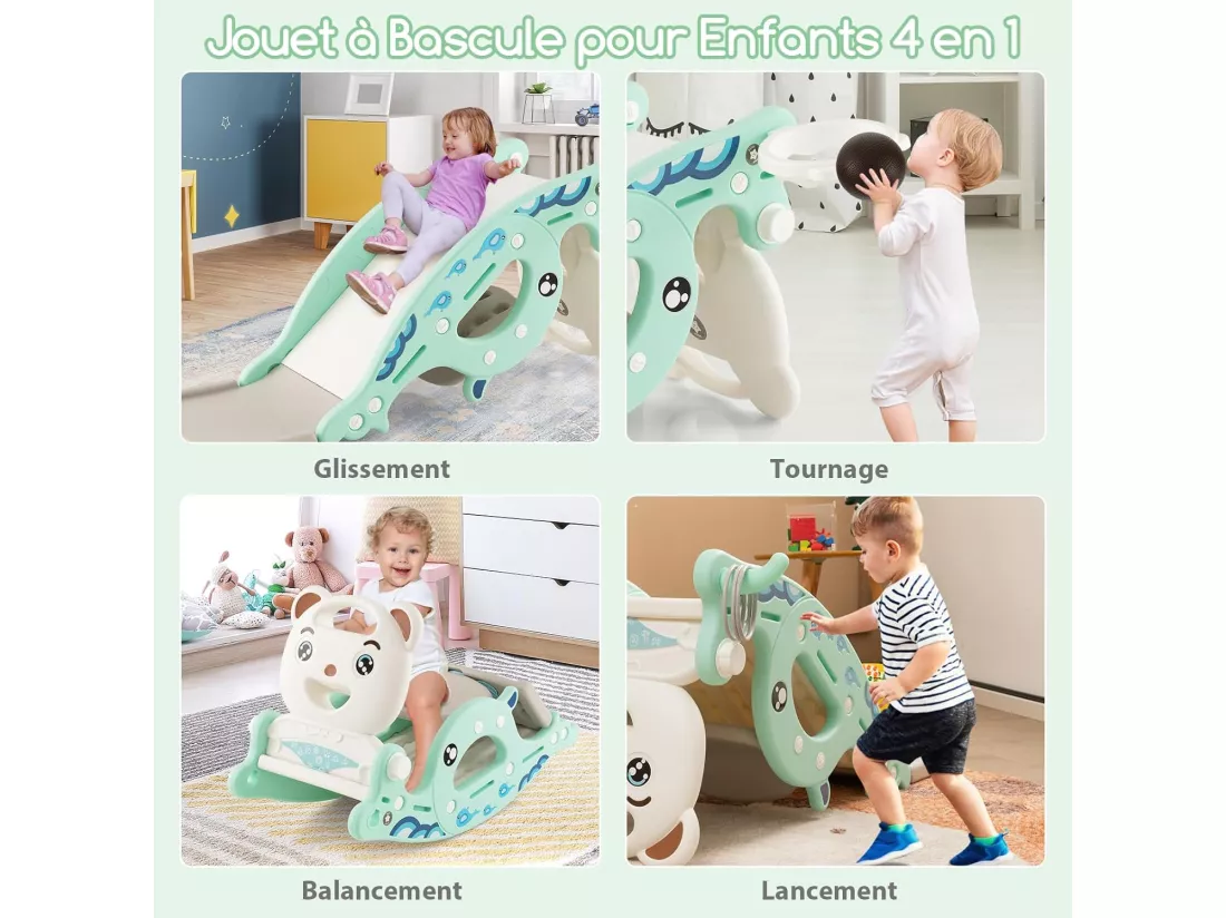 4 en 1 Toboggan Enfants avec 3 Modes & Motif d'ours, Cheval à Bascule Intérieur Extérieur avec Panier de Basketball & Ballon, Charge 50kg pour Enfants de 1-4 Ans, 93x65x46,5cm (Vert)