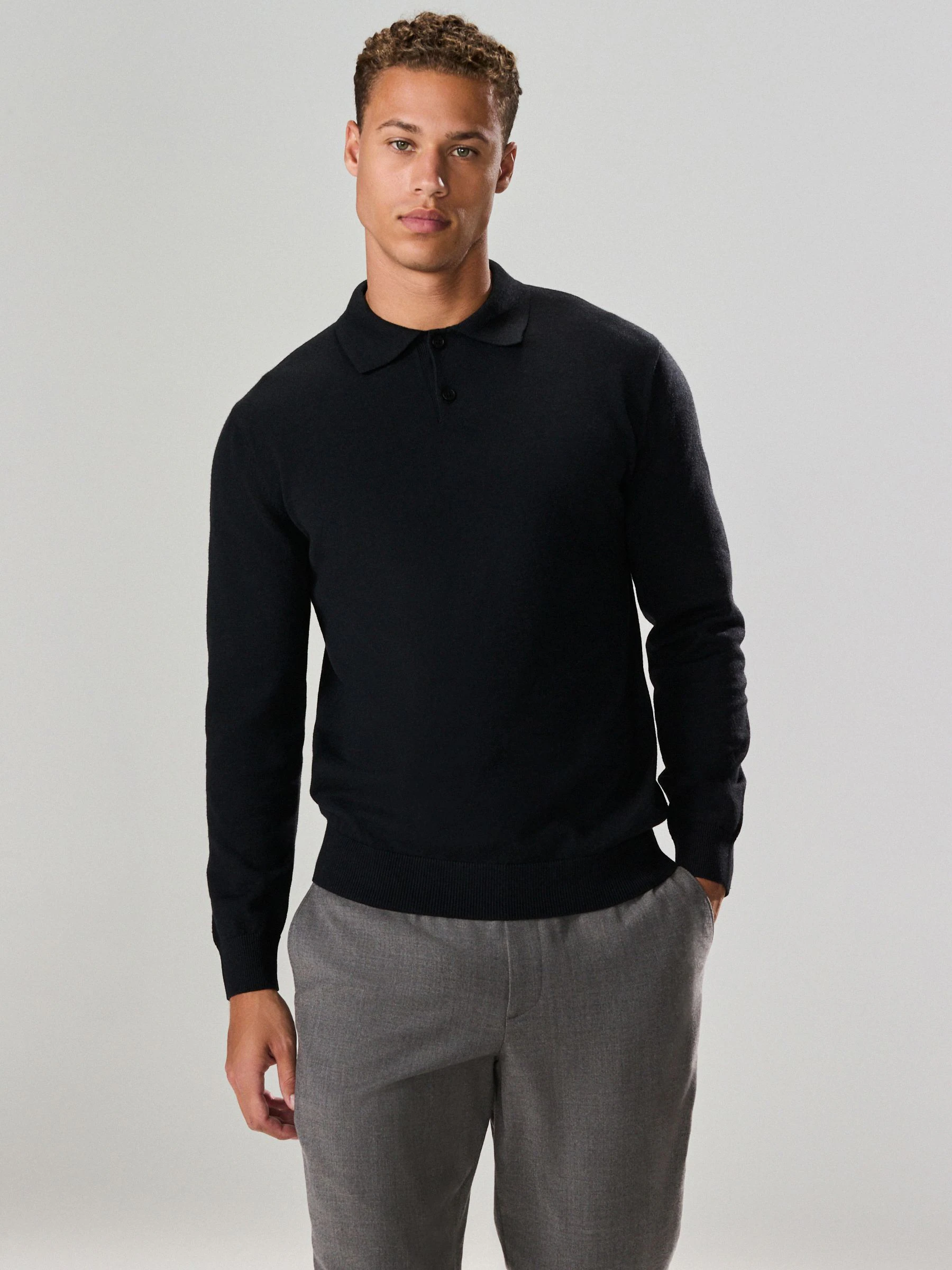 Zwart - Effen - Regular Fit Essential Long Sleeve Knitted Polo Shirt