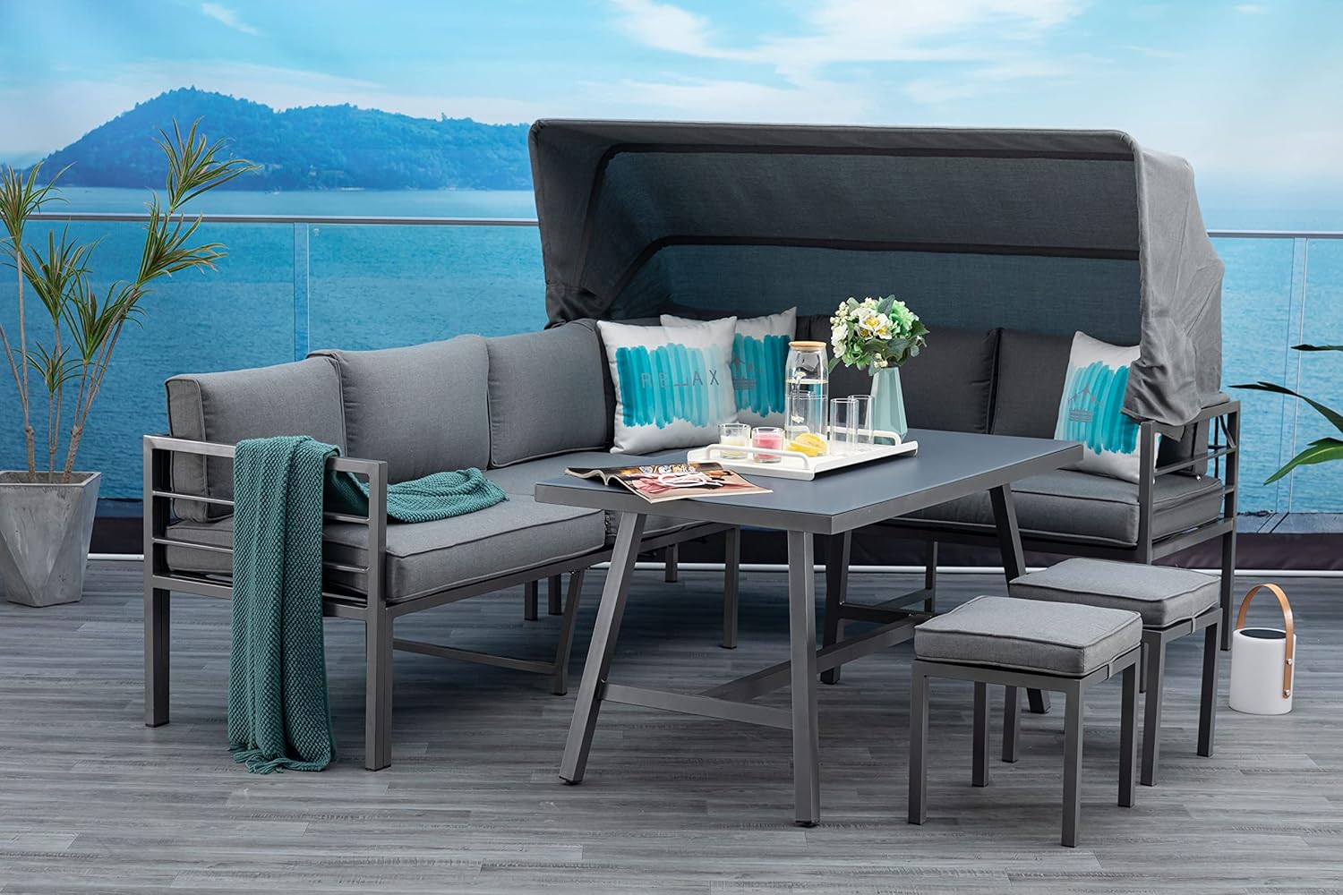 Mandalika Garden Hohe Dining Aluminium Lounge Newport, 3 in 1 mit Sonnendach und verstellbaren Kopfteilen/Garten Sitzgruppe