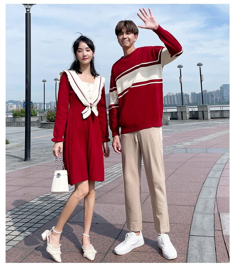 Azure - Matching Mock Two-Piece Midi Knit Dress met Puff-Sleeve en Tweekleurige Kunstparels / Lange Mouw Ronde Hals Gestreepte Trui / Middelhoge Rechte Broek
