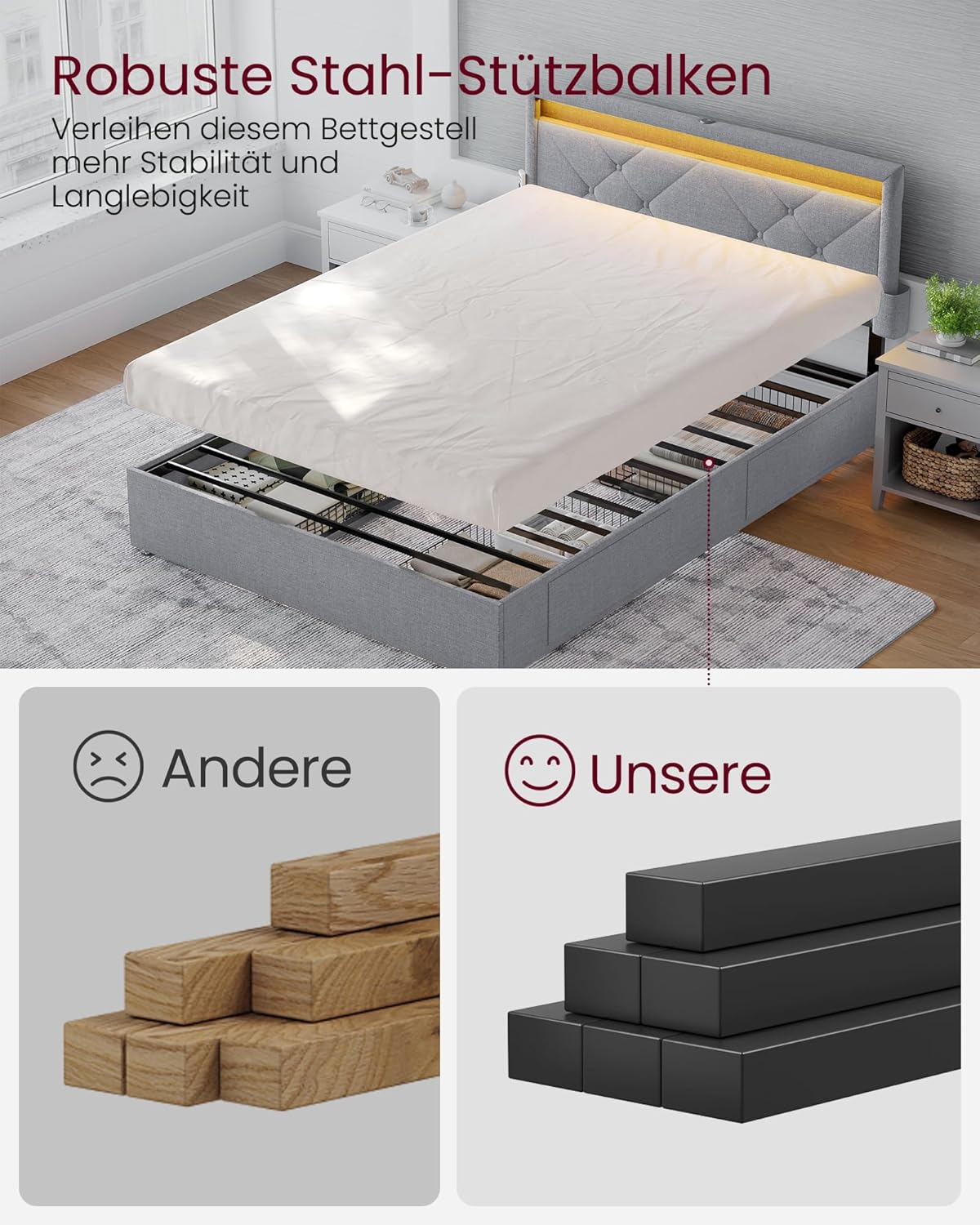 VASAGLE Bett 140 x 200 cm, Polsterbett, Doppelbettgestell, LED, Bettgestell, Metallbett, 4 Schubladen, Ladestation, verstellbares gepolstertes Kopfteil, hellgrau-Mattschwarz RMB827G01