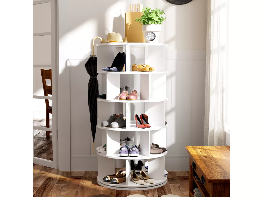 Meuble à chaussures pivotan - rotatif - 5 niveaux - Blanc