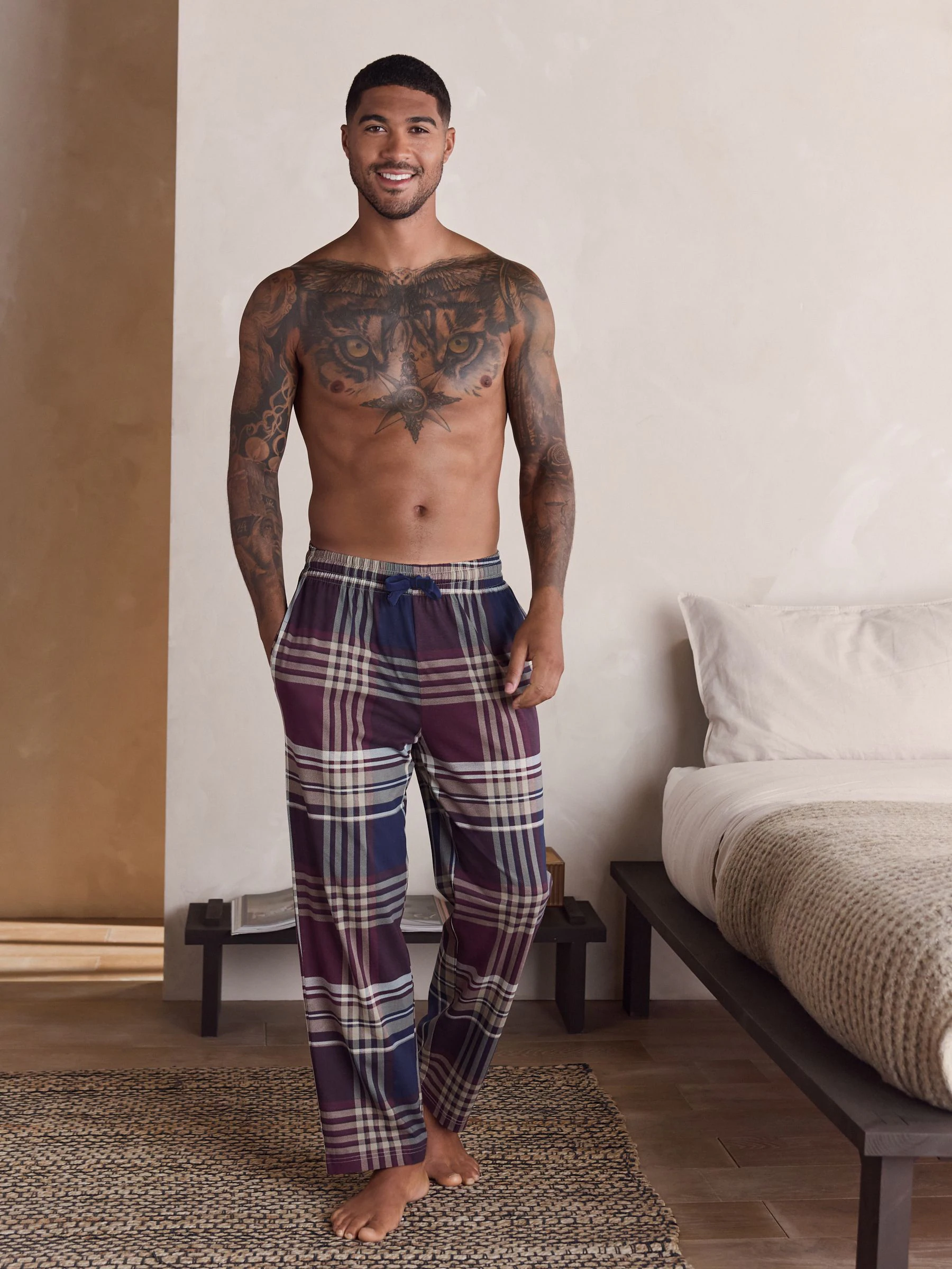 Plum Purple/ Neutral - Check Jersey Pyjama Bottoms 2 Pack